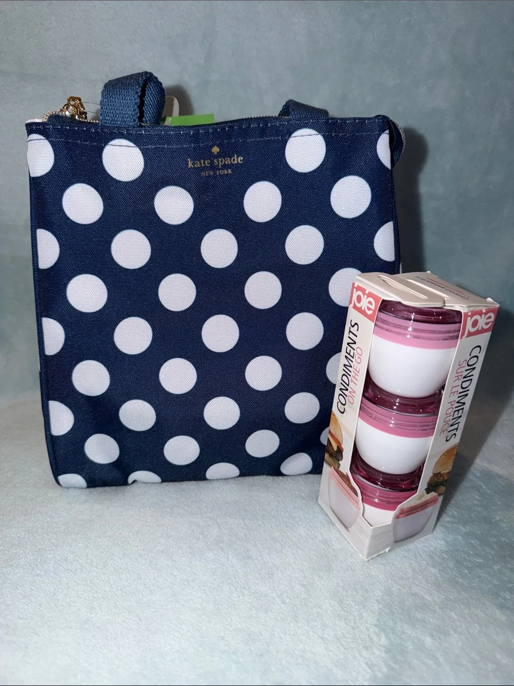 kate spade navy and white polka dot lunch bag & 3 pc. condiments containers